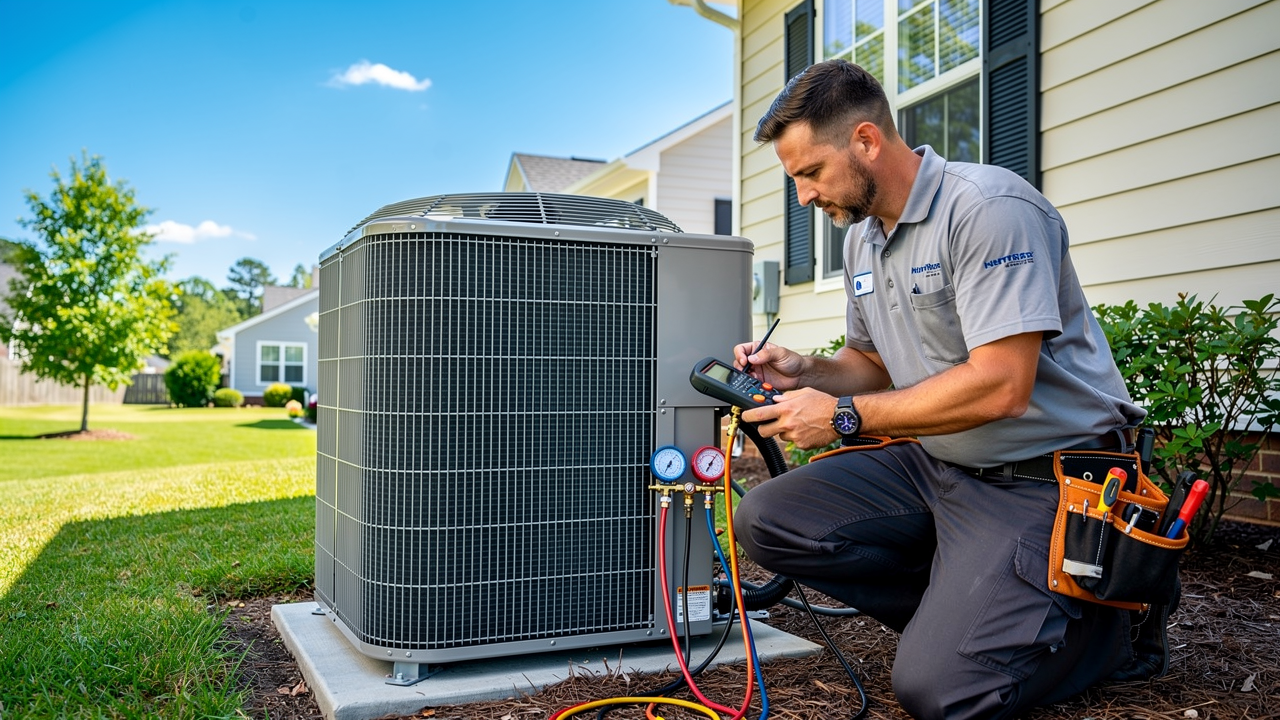 HVAC tech inspecting unit